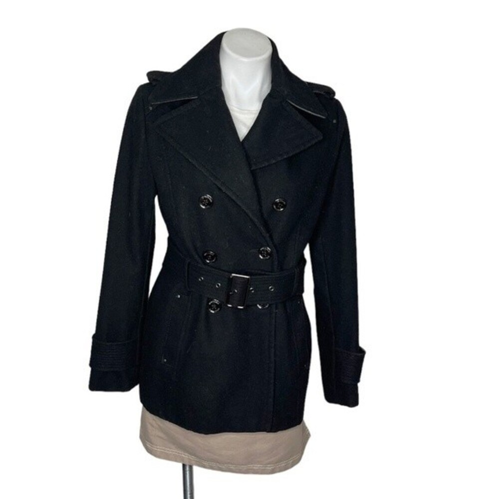 KENNETH COLE Black Double Breasted Peacoat Wool Blend Belted Size 10